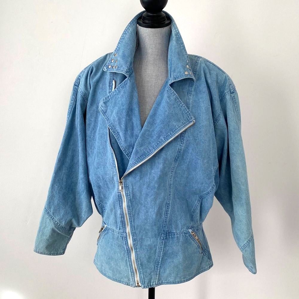 VTG Women Blue Denim Studded Jacket Removal Shoulder Pads 80s Pop Stars Madonna